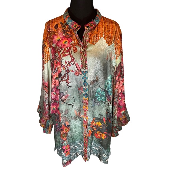John Mark Tops - John Mark Womens Floral Mixed Print Button Up Tunic Top L Boho Chic Whimsical